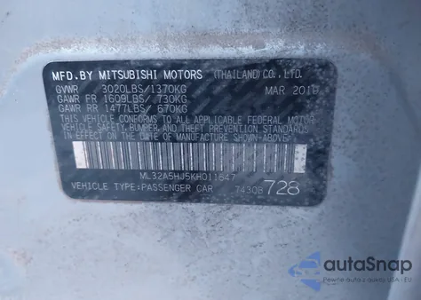 2019 Mitsubishi Mirage Le from USA, damaged, VIN ML32A5HJ5KH011647